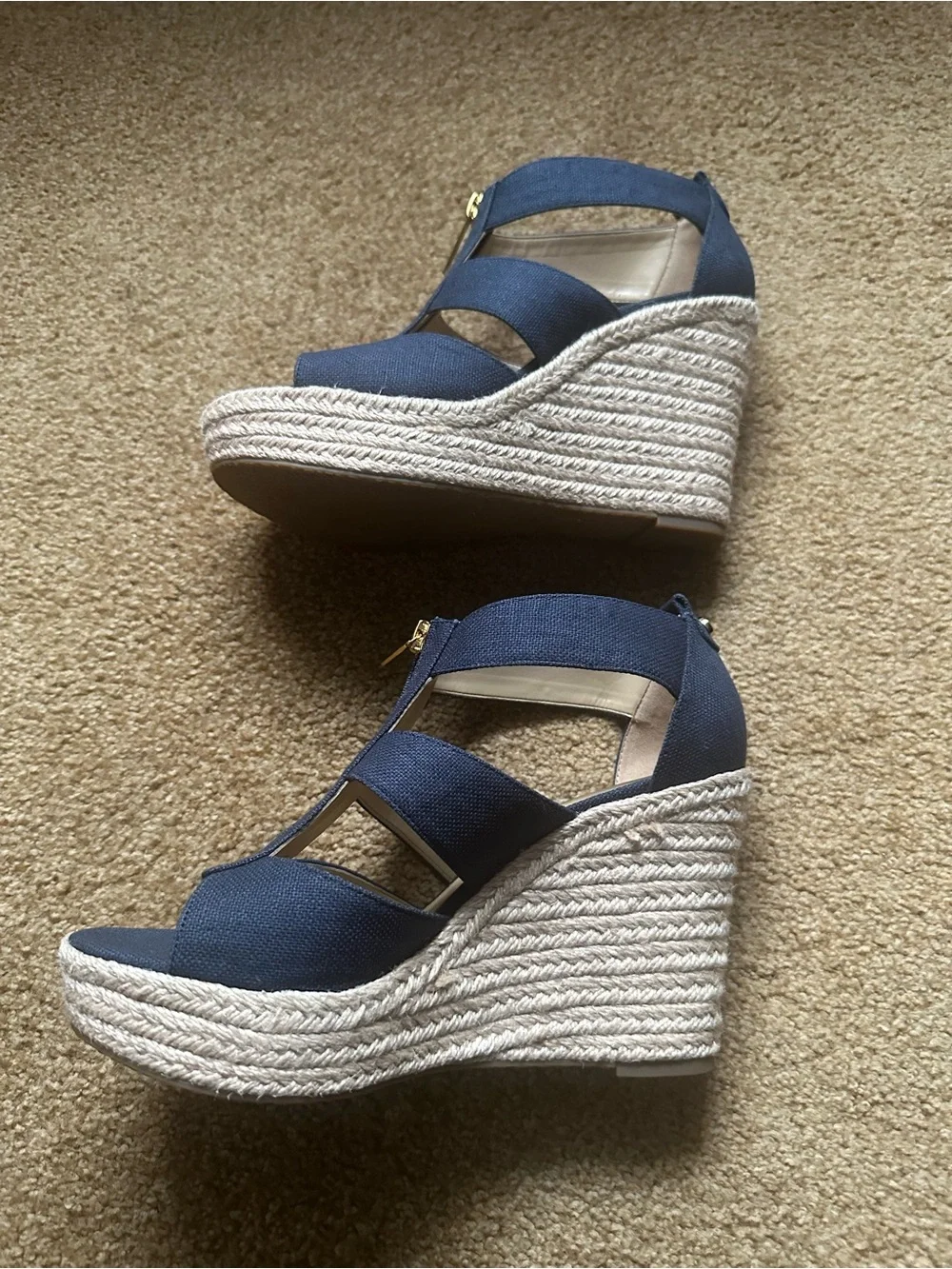 Michael Kors Navy Canvas Zip Wedge Berkley Sandals with Espadrille Heel
